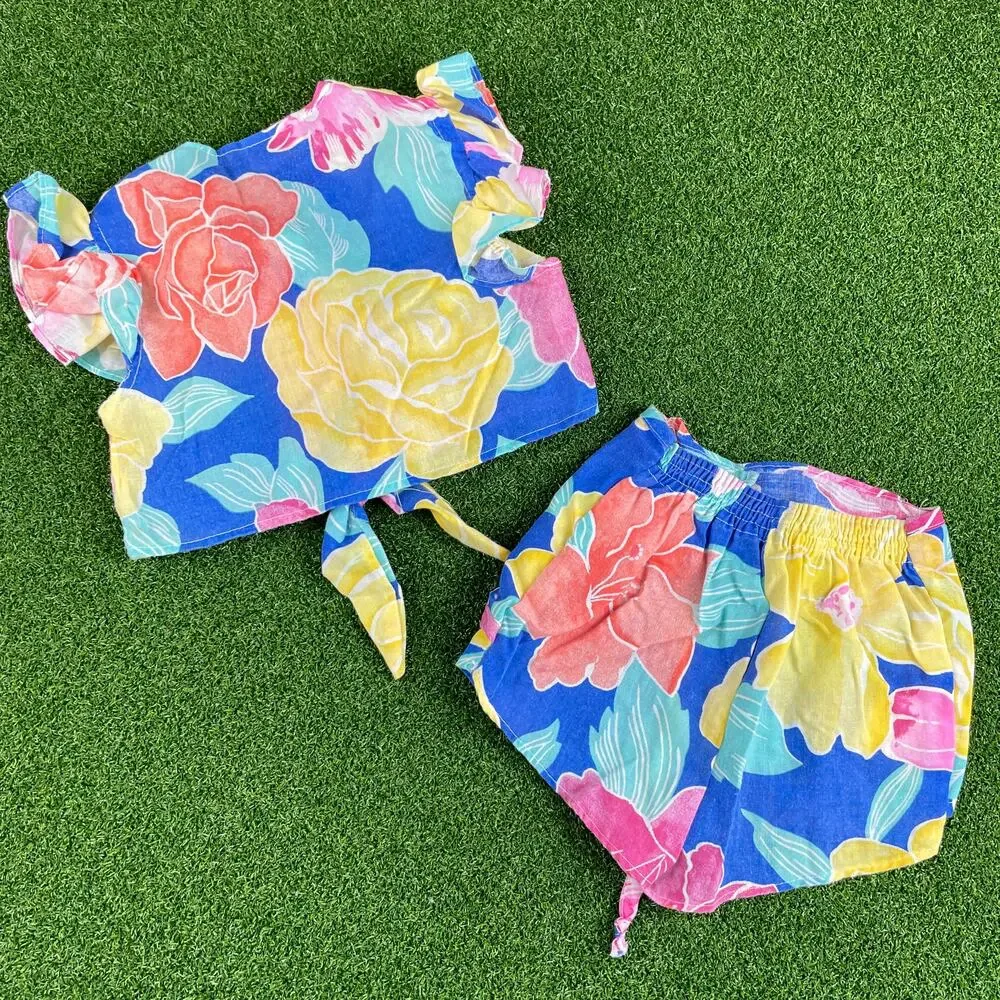 Vintage 70s Rodeo Drive Colorful Floral 2Pc Tie Front Bloomers & Ruffle Top Sz 2